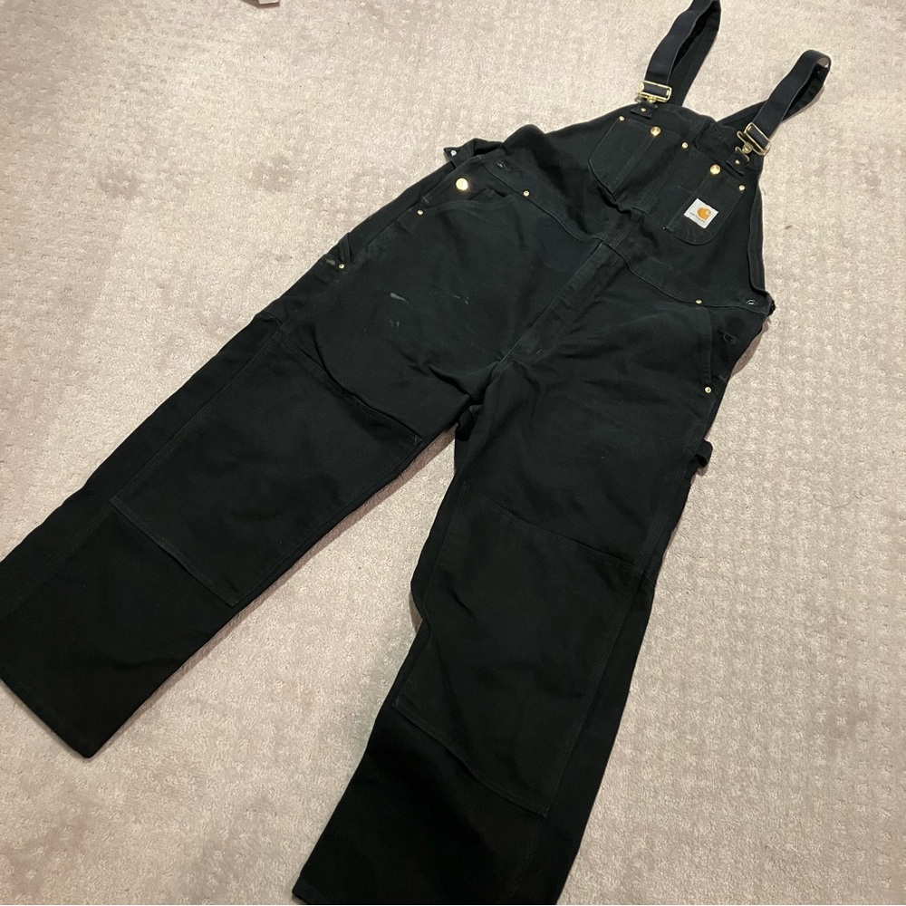 Carhartt Bib Overalls Black Size 42x30 100% Cotton Canvas Duck Double Knee